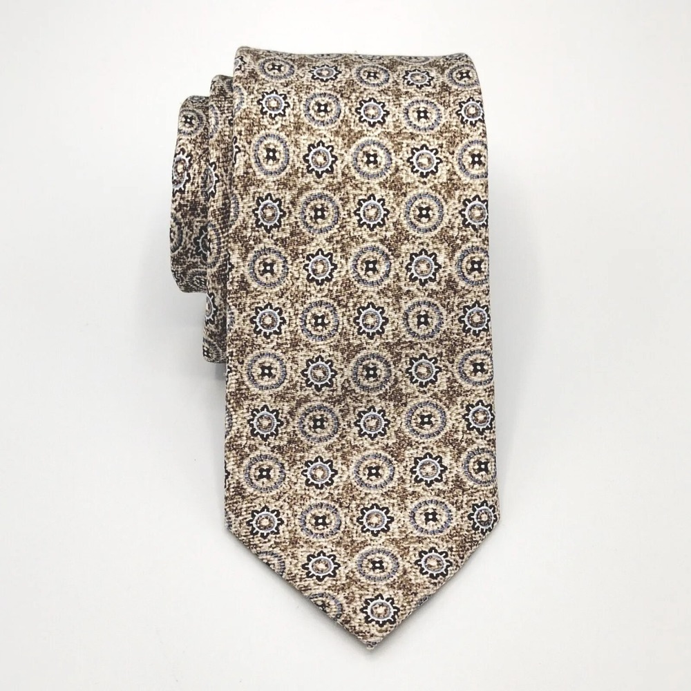 Joseph Abboud Mens OS Necktie Tan Brown Blue Silk Geometric Medallion Print Tie